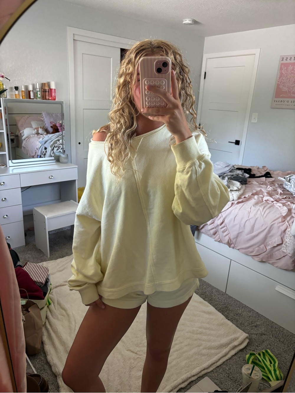 Light Yellow Off-Shoulder Pullover Sweatshirt with matching shorts, sweat set